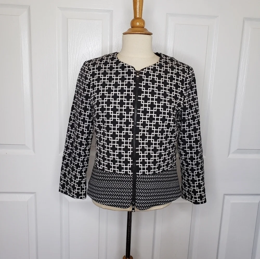 Saks Fifth Avenue Black Label Black White Geometric 2 Way Zip Jacket 4